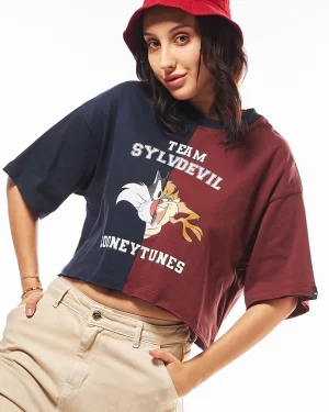 Women's Blue & Red Team Sylvdevil Graphic Printed Oversized Short Top
