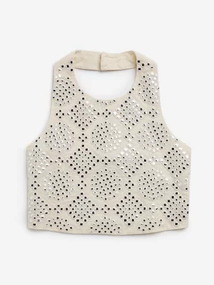 Utsa Kids Off-White Embellished Cotton Blouse